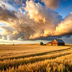 Golden wheat field beneath dramatic storm clouds with a classic wooden barn during the evening.