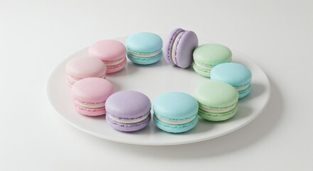 Fototapeta premium Pastel Macarons Arranged in a Circle on a White Plate
