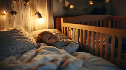 A baby, little boy, or little girl peacefully sleeping in a bed at home, dreaming sweet dreams