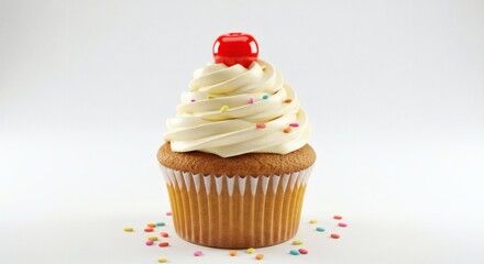 Delicious Vanilla Cupcake with Cherry on Top and Sprinkles