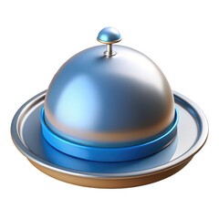 Fototapeta premium A silver food dome with a blue band sits on a matching plate isolated on transparent background