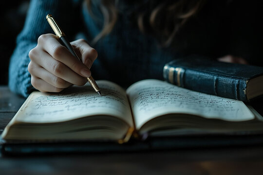 Woman writing in her journal, her hand holding a pen over an open book with handwritten notes