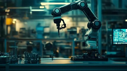 A robotic arm is positioned on a workbench, equipped with a gripping tool, in a modern industrial setting with machinery and screens.