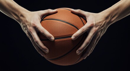 Both hands gripping a basketball from opposing sides tightly, as in a jump ball or defensive stance, nails slightly pressing the ball surface texture