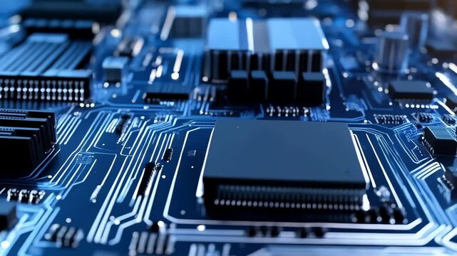 Close-up of a blue printed circuit board with integrated chip and electronic components, illustrating computer hardware and technology