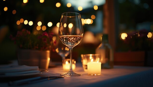 Outdoor dining scene at night, wine glass, candles