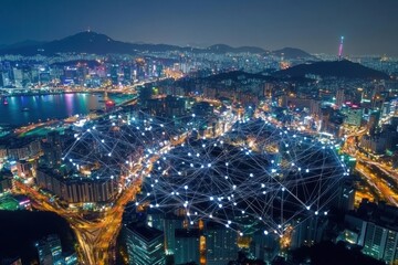 Fototapeta premium Global business connections illustrated by a network map over a vibrant cityscape at night, Global business concept of connections and information transfer in the world from singapore
