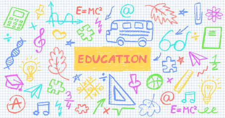 Charcoal school doodles on notebook sheet in a cage. Fun handdrawn icons for back to school themes. Cute childish education pastel or colorful wax pencil signs. Grunge vector classroom symbols