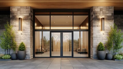 Fototapeta premium Modern luxury home entrance with glass doors stone walls potted plants and warm outdoor lighting