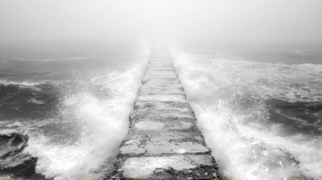 Abandoned Stone Pier In Foggy Sea With Turbulent Waves