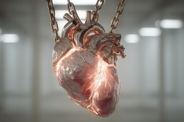 Glowing human heart bound in metallic chains, hanging in empty room