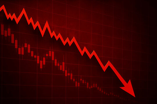 Market Crash: Red arrow pointing downwards dramatically illustrates a sharp decline in stock market values.  