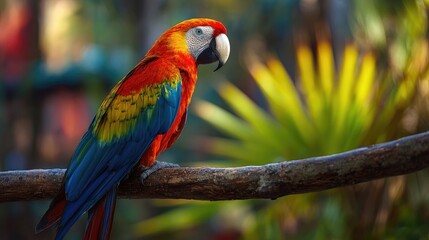 Obraz premium colorful parrot perched on a tropical branch with blurred jungle background