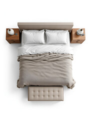 Top View of a Queen-Size Bed with Textured Throw Blanket, Bedside Tables, and a Bench at the Foot, Isolated on White Background