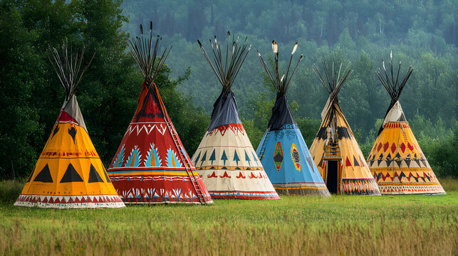 View of aligned tipis in Gesgapegiag, an indian reserve, located in Canada