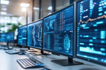 Digital data processing displayed on multiple screens in a modern workspace during the day, digital data processing over digital screens