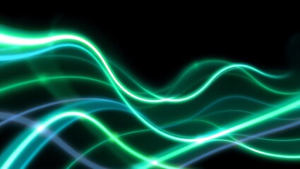 3D dynamic energy background with multiple green and blue curved lines creating a wave motion illusion, rendered in neon vector graphics