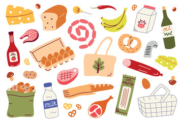 Flat cartoon vector illustration of grocery shopping set with food products and reusable bag. Collection of groceries from supermarket for meal prep, cooking, healthy eating, eco lifestyle concepts
