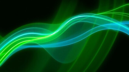 Obraz premium 3D dynamic energy background with multiple green and blue curved lines creating a wave motion illusion, rendered in neon vector graphics