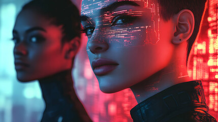 Young woman's face with artistic makeup and vibrant expression, blending fashion, beauty, and the mystique of a mask