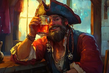 Pirate enjoying a mug of rum in a lively tavern during a sunset gathering, Pirate drinking rum in the tavern