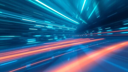 Obraz premium 3D futuristic speed background in abstract blue-green tones, glowing vector light lines forming perspective grids, sense of velocity and flow