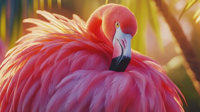 Flamingo nestled among green plants at dusk high resolution picture
