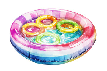 Colorful Inflatable Pool with Float Rings in a Water Splash isolated on transparent white background, clipping path