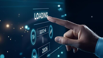 Hand pointing at a loading bar on a digital screen, a future technology concept for business or web design background. - Powered by Adobe