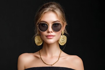 A blonde woman in round sunglasses gold earrings and a necklace poses against a black backdrop