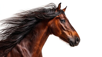 Majestic bay horse with flowing mane, side profile, isolated on white, dramatic lighting -- Strength and elegance in motion

