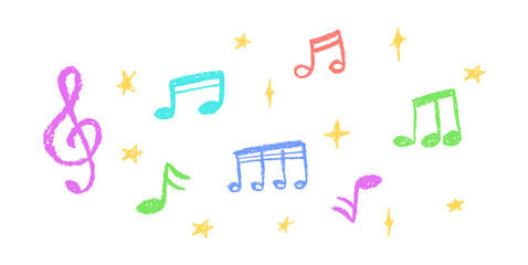 Vector illustration of colorful music notes and stars in charcoal scribble style. Cute childish music school pastel or wax pencil signs. Handwritten pop elements on white for kindergarten designs.