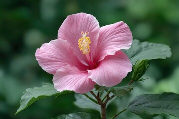 A closeup shot of a pink hibiscus flower in full bloom with a leafy green background providing a natural contrast