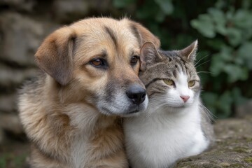 A dog and cat closely snuggled together dominate the frame in a tender interspecies embrace