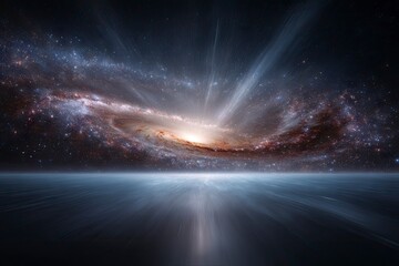 A galaxy hangs in the night sky above a hazy reflective surface