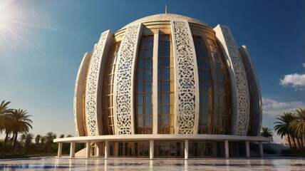 Modern Islamic architecture building, sunny day.