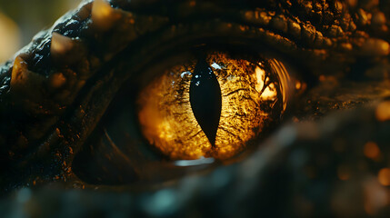 Golden eye reflecting the world in closeup view