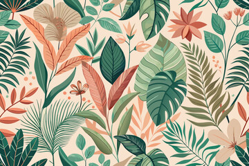 Elegant Tropical Leaf Design Featuring Lush Foliage and Delicate Blooms Perfect for Branding and Textile Projects