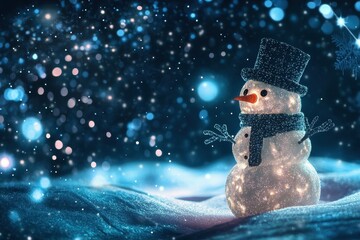 Snowman sparkles under falling stars with data processing theme in winter wonderland, stars falling over snowman and data processing
