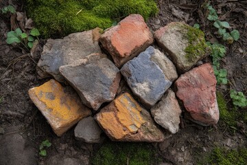 A pile of colorful textured bricks rests among moss and greenery on dark earthy ground
