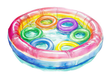 Colorful Inflatable Pool with Float Rings in a Water Splash isolated on transparent white background, clipping path