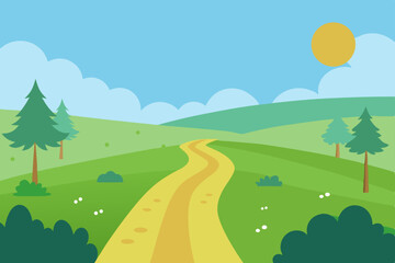 Fototapeta premium Cartoon vector illustration of a summer landscape with green trees, hills, and a road under a blue sky