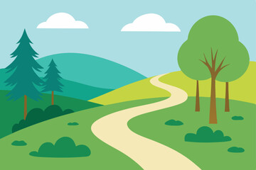 Fototapeta premium Lush summer landscape with green trees, rolling hills, and distant mountains under a bright sky, illustrating a serene natural countryside