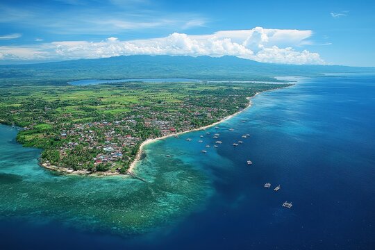 Vibrant aerial view of Olango Island showcasing lush landscapes and clear waters, Aerial shot of the small Olango Island just off the coast of Cebu City Philippines
