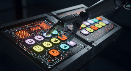 Digital dashboard with glowing emoji-themed controls and interfaces