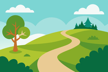 Fototapeta premium Lush summer landscape vector illustration with green trees, rolling hills, and a clear sky over a peaceful meadow