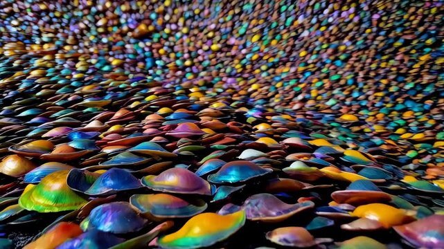 Iridescent abalone shells with a vibrant, rainbow-colored shimmer creating a fantasy of light and ocean treasures