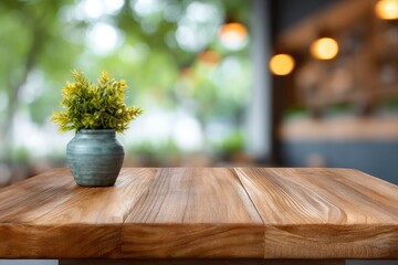 A small potted plant sits on a wooden table blurred background of greenery  warm light