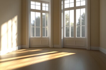 Empty room with large windows, sunlight streams across a light wooden floor