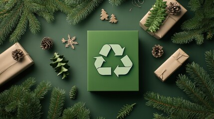 Eco Friendly Recycle Symbol Cardboard Box Surrounded by Christmas Gifts and Pine Branches